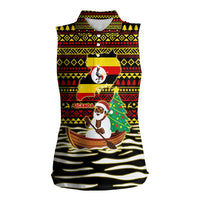 Uganda Christmas Women Sleeveless Polo Shirt with Santa in Canoe Christmas Tree Uganda Map Flag and Black Red Yellow Tribal Pattern Design - Wonder Print Shop
