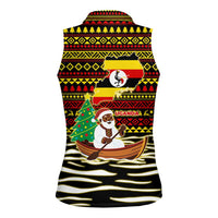 Uganda Christmas Women Sleeveless Polo Shirt with Santa in Canoe Christmas Tree Uganda Map Flag and Black Red Yellow Tribal Pattern Design - Wonder Print Shop