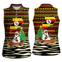 Uganda Christmas Women Sleeveless Polo Shirt with Santa in Canoe Christmas Tree Uganda Map Flag and Black Red Yellow Tribal Pattern Design - Wonder Print Shop