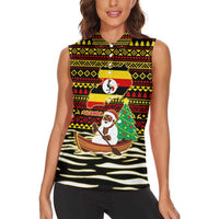 Uganda Christmas Women Sleeveless Polo Shirt with Santa in Canoe Christmas Tree Uganda Map Flag and Black Red Yellow Tribal Pattern Design - Wonder Print Shop
