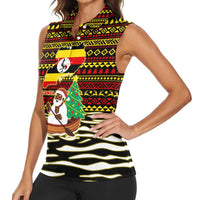 Uganda Christmas Women Sleeveless Polo Shirt with Santa in Canoe Christmas Tree Uganda Map Flag and Black Red Yellow Tribal Pattern Design - Wonder Print Shop