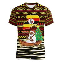 Uganda Christmas Women V-Neck T-Shirt with Santa in Canoe Christmas Tree Uganda Map Flag and Black Red Yellow Tribal Pattern Design - Wonder Print Shop