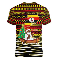Uganda Christmas Women V-Neck T-Shirt with Santa in Canoe Christmas Tree Uganda Map Flag and Black Red Yellow Tribal Pattern Design - Wonder Print Shop