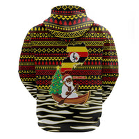 Uganda Christmas Zip Hoodie with Santa in Canoe Christmas Tree Uganda Map Flag and Black Red Yellow Tribal Pattern Design - Wonder Print Shop