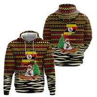 Uganda Christmas Zip Hoodie with Santa in Canoe Christmas Tree Uganda Map Flag and Black Red Yellow Tribal Pattern Design - Wonder Print Shop