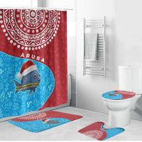 Aruba Christmas Bathroom Set with Santa Fish Aruba Flag Ocean Icons and Red Blue Holiday Pattern Design - Wonder Print Shop