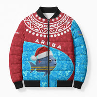 Aruba Christmas Bomber Puffer Jacket with Santa Fish Aruba Flag Ocean Icons and Red Blue Holiday Pattern Design - Wonder Print Shop