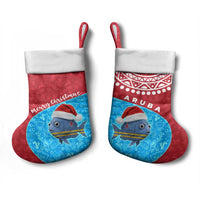Aruba Christmas Stocking with Santa Fish Aruba Flag Ocean Icons and Red Blue Holiday Pattern Design - Wonder Print Shop