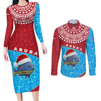 Aruba Christmas Couples Matching Long Sleeve Bodycon Dress and Long Sleeve Button Shirt with Santa Fish Aruba Flag Ocean Icons and Red Blue Holiday Pattern Design - Wonder Print Shop