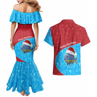 Aruba Christmas Couples Matching Mermaid Dress and Hawaiian Shirt with Santa Fish Aruba Flag Ocean Icons and Red Blue Holiday Pattern Design - Wonder Print Shop