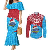 Aruba Christmas Couples Matching Mermaid Dress and Long Sleeve Button Shirt with Santa Fish Aruba Flag Ocean Icons and Red Blue Holiday Pattern Design - Wonder Print Shop