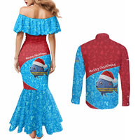 Aruba Christmas Couples Matching Mermaid Dress and Long Sleeve Button Shirt with Santa Fish Aruba Flag Ocean Icons and Red Blue Holiday Pattern Design - Wonder Print Shop