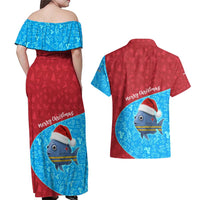 Aruba Christmas Couples Matching Off Shoulder Maxi Dress and Hawaiian Shirt with Santa Fish Aruba Flag Ocean Icons and Red Blue Holiday Pattern Design - Wonder Print Shop