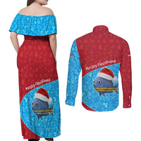 Aruba Christmas Couples Matching Off Shoulder Maxi Dress and Long Sleeve Button Shirt with Santa Fish Aruba Flag Ocean Icons and Red Blue Holiday Pattern Design - Wonder Print Shop