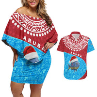 Aruba Christmas Couples Matching Off Shoulder Short Dress and Hawaiian Shirt with Santa Fish Aruba Flag Ocean Icons and Red Blue Holiday Pattern Design - Wonder Print Shop