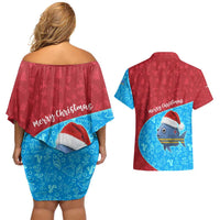 Aruba Christmas Couples Matching Off Shoulder Short Dress and Hawaiian Shirt with Santa Fish Aruba Flag Ocean Icons and Red Blue Holiday Pattern Design - Wonder Print Shop