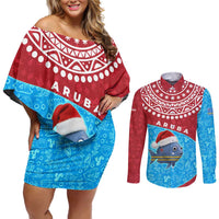 Aruba Christmas Couples Matching Off Shoulder Short Dress and Long Sleeve Button Shirt with Santa Fish Aruba Flag Ocean Icons and Red Blue Holiday Pattern Design - Wonder Print Shop