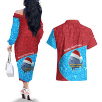 Aruba Christmas Couples Matching Off The Shoulder Long Sleeve Dress and Hawaiian Shirt with Santa Fish Aruba Flag Ocean Icons and Red Blue Holiday Pattern Design - Wonder Print Shop