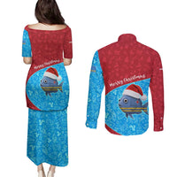 Aruba Christmas Couples Matching Puletasi and Long Sleeve Button Shirt with Santa Fish Aruba Flag Ocean Icons and Red Blue Holiday Pattern Design - Wonder Print Shop