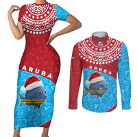 Aruba Christmas Couples Matching Short Sleeve Bodycon Dress and Long Sleeve Button Shirt with Santa Fish Aruba Flag Ocean Icons and Red Blue Holiday Pattern Design - Wonder Print Shop