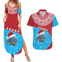 Aruba Christmas Couples Matching Summer Maxi Dress and Hawaiian Shirt with Santa Fish Aruba Flag Ocean Icons and Red Blue Holiday Pattern Design - Wonder Print Shop