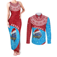 Aruba Christmas Couples Matching Tank Maxi Dress and Long Sleeve Button Shirt with Santa Fish Aruba Flag Ocean Icons and Red Blue Holiday Pattern Design - Wonder Print Shop