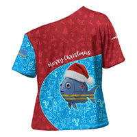 Aruba Christmas Cross Shoulder Shirt with Santa Fish Aruba Flag Ocean Icons and Red Blue Holiday Pattern Design - Wonder Print Shop