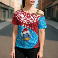 Aruba Christmas Cross Shoulder Shirt with Santa Fish Aruba Flag Ocean Icons and Red Blue Holiday Pattern Design - Wonder Print Shop