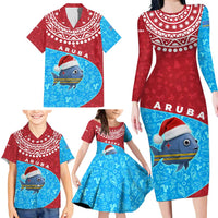 Aruba Christmas Family Matching Long Sleeve Bodycon Dress and Hawaiian Shirt with Santa Fish Aruba Flag Ocean Icons and Red Blue Holiday Pattern Design - Wonder Print Shop