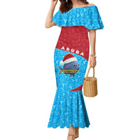 Aruba Christmas Family Matching Mermaid Dress and Hawaiian Shirt with Santa Fish Aruba Flag Ocean Icons and Red Blue Holiday Pattern Design - Wonder Print Shop