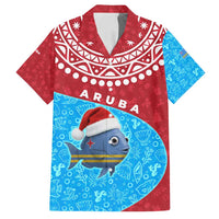 Aruba Christmas Family Matching Off Shoulder Maxi Dress and Hawaiian Shirt with Santa Fish Aruba Flag Ocean Icons and Red Blue Holiday Pattern Design - Wonder Print Shop