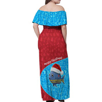 Aruba Christmas Family Matching Off Shoulder Maxi Dress and Hawaiian Shirt with Santa Fish Aruba Flag Ocean Icons and Red Blue Holiday Pattern Design - Wonder Print Shop