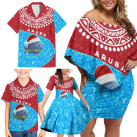 Aruba Christmas Family Matching Off Shoulder Short Dress and Hawaiian Shirt with Santa Fish Aruba Flag Ocean Icons and Red Blue Holiday Pattern Design - Wonder Print Shop