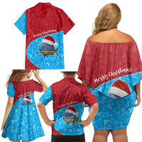 Aruba Christmas Family Matching Off Shoulder Short Dress and Hawaiian Shirt with Santa Fish Aruba Flag Ocean Icons and Red Blue Holiday Pattern Design - Wonder Print Shop