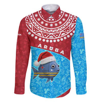 Aruba Christmas Family Matching Off Shoulder Short Dress and Hawaiian Shirt with Santa Fish Aruba Flag Ocean Icons and Red Blue Holiday Pattern Design - Wonder Print Shop