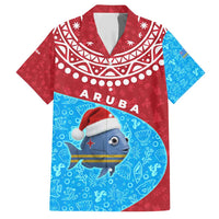 Aruba Christmas Family Matching Short Sleeve Bodycon Dress and Hawaiian Shirt with Santa Fish Aruba Flag Ocean Icons and Red Blue Holiday Pattern Design - Wonder Print Shop