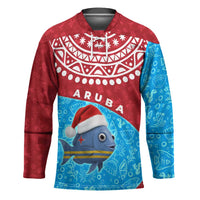 Aruba Christmas Hockey Jersey with Santa Fish Aruba Flag Ocean Icons and Red Blue Holiday Pattern Design - Wonder Print Shop