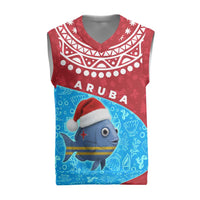 Aruba Christmas Knitted V-Neck Vest with Santa Fish Aruba Flag Ocean Icons and Red Blue Holiday Pattern Design - Wonder Print Shop