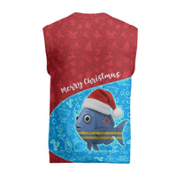 Aruba Christmas Knitted V-Neck Vest with Santa Fish Aruba Flag Ocean Icons and Red Blue Holiday Pattern Design - Wonder Print Shop
