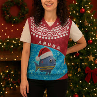 Aruba Christmas Knitted V-Neck Vest with Santa Fish Aruba Flag Ocean Icons and Red Blue Holiday Pattern Design - Wonder Print Shop