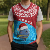 Aruba Christmas Knitted V-Neck Vest with Santa Fish Aruba Flag Ocean Icons and Red Blue Holiday Pattern Design - Wonder Print Shop