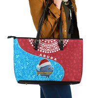 Aruba Christmas Leather Tote Bag with Santa Fish Aruba Flag Ocean Icons and Red Blue Holiday Pattern Design - Wonder Print Shop