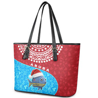 Aruba Christmas Leather Tote Bag with Santa Fish Aruba Flag Ocean Icons and Red Blue Holiday Pattern Design - Wonder Print Shop