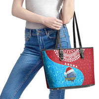 Aruba Christmas Leather Tote Bag with Santa Fish Aruba Flag Ocean Icons and Red Blue Holiday Pattern Design - Wonder Print Shop