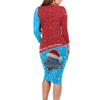 Aruba Christmas Long Sleeve Bodycon Dress with Santa Fish Aruba Flag Ocean Icons and Red Blue Holiday Pattern Design - Wonder Print Shop