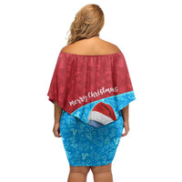Aruba Christmas Off Shoulder Short Dress with Santa Fish Aruba Flag Ocean Icons and Red Blue Holiday Pattern Design - Wonder Print Shop