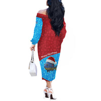 Aruba Christmas Off The Shoulder Long Sleeve Dress with Santa Fish Aruba Flag Ocean Icons and Red Blue Holiday Pattern Design - Wonder Print Shop