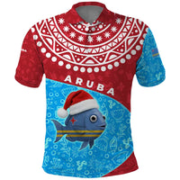 Aruba Christmas Polo Shirt with Santa Fish Aruba Flag Ocean Icons and Red Blue Holiday Pattern Design - Wonder Print Shop