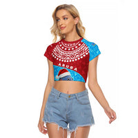 Aruba Christmas Raglan Cropped T Shirt with Santa Fish Aruba Flag Ocean Icons and Red Blue Holiday Pattern Design - Wonder Print Shop