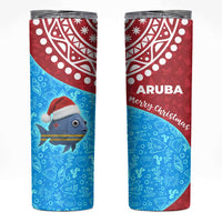 Aruba Christmas Skinny Tumbler with Santa Fish Aruba Flag Ocean Icons and Red Blue Holiday Pattern Design - Wonder Print Shop